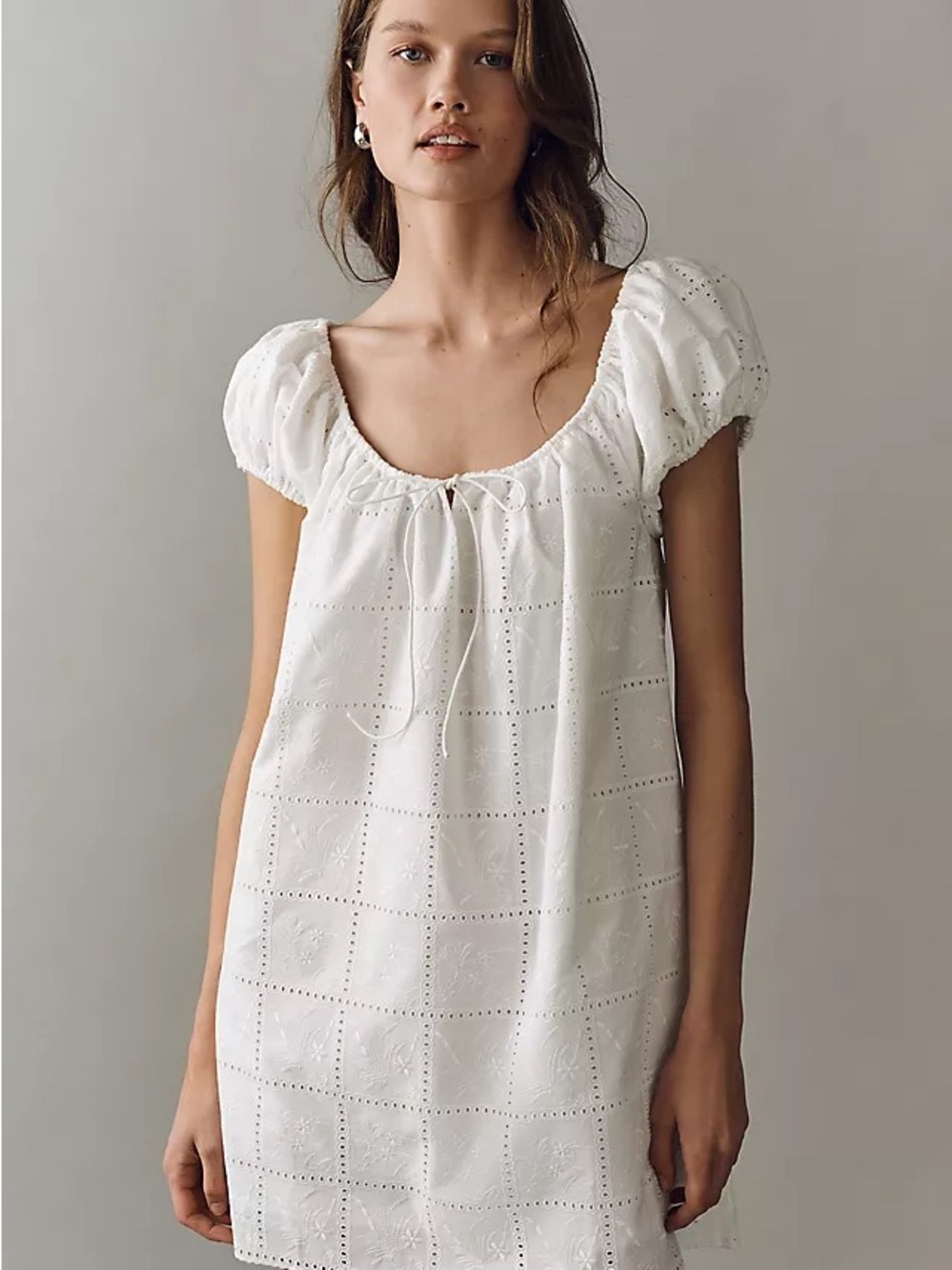 Faithfull the Brand White Eyelet Serafina Tie-Front Puff Sleeve Mini Dress